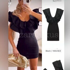 NWT ZARA SHORT FITTED RUFFLED MINI DRESS 1660/804 BLACK COCKTAILPARTY CLUBWEAR M